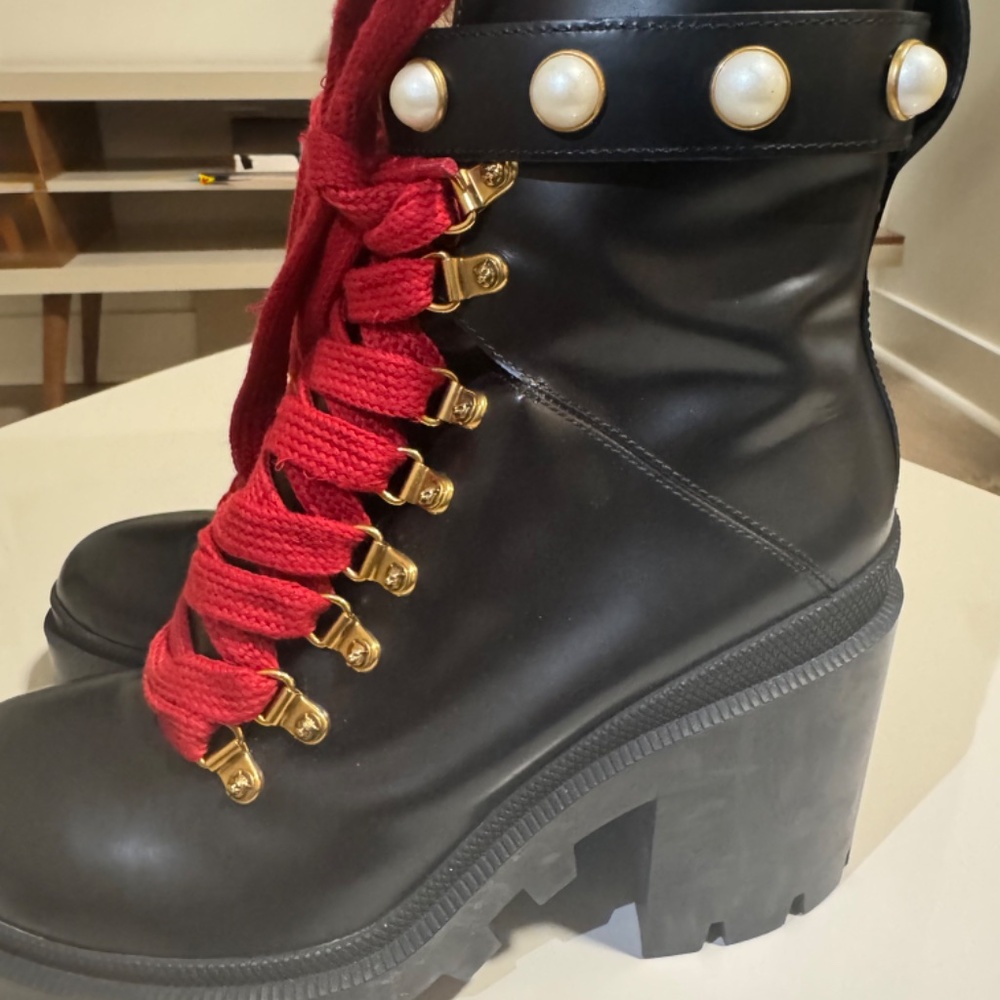 Black Platform Lace-Up Ankle Boots with Red Laces - Picture 4 of 5